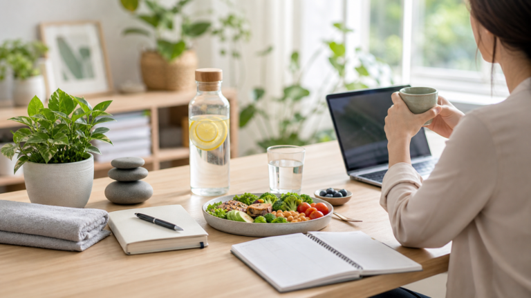 Calm wellness routine with balanced meal, water, notebook, and self-care items