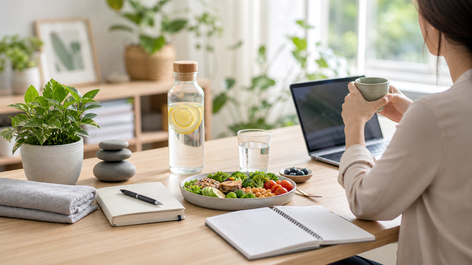 Calm wellness routine with balanced meal, water, notebook, and self-care items