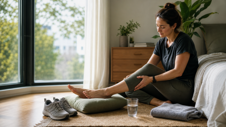 A woman rests beside a window with one leg supported on a cushion after a long day, with walking shoes, water, and a folded towel nearby.