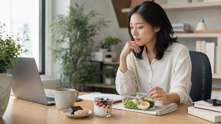 A woman sits at a work desk in the afternoon with a laptop, coffee, a balanced lunch container, yogurt with berries, and a small sweet snack nearby.