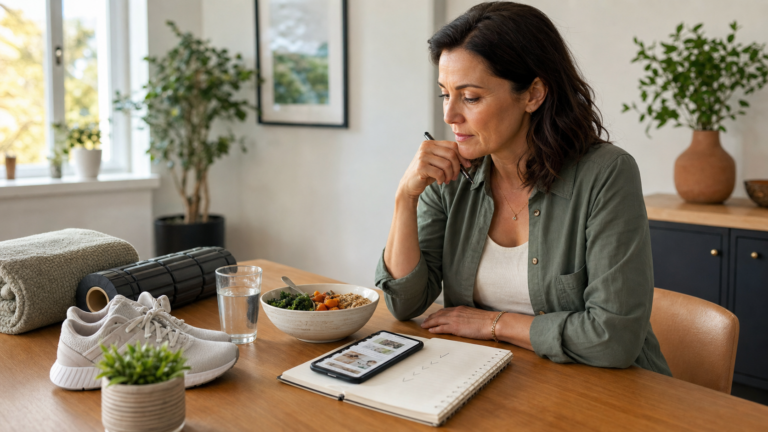 A woman sits thoughtfully at a table with a notebook, phone, water, a simple meal, walking shoes, and self-care items while deciding which wellness habit to try.