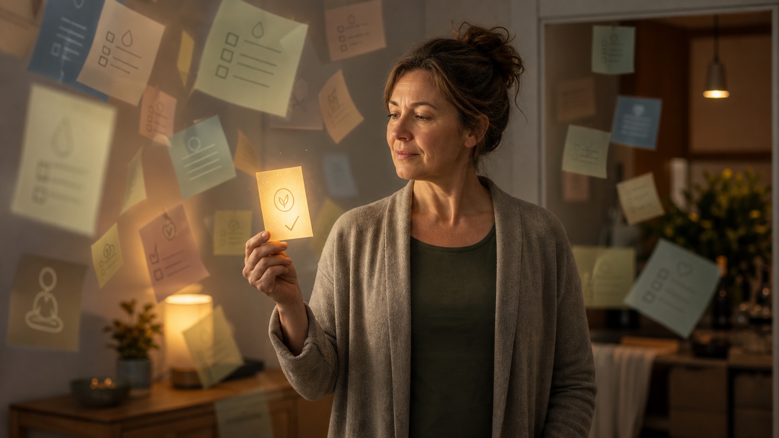 A woman calmly holds a glowing habit card while many soft weekly habit notes float around her in a warm Sunday evening home scene.