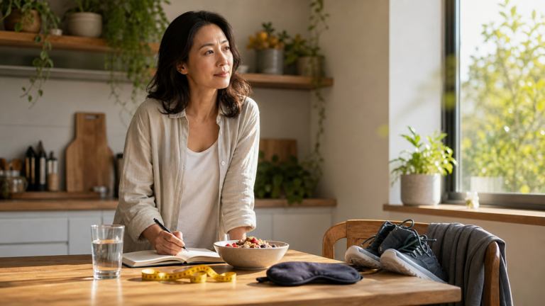 A woman writes in a notebook at a kitchen table with breakfast, water, walking shoes, a sleep mask, and a measuring tape nearby.