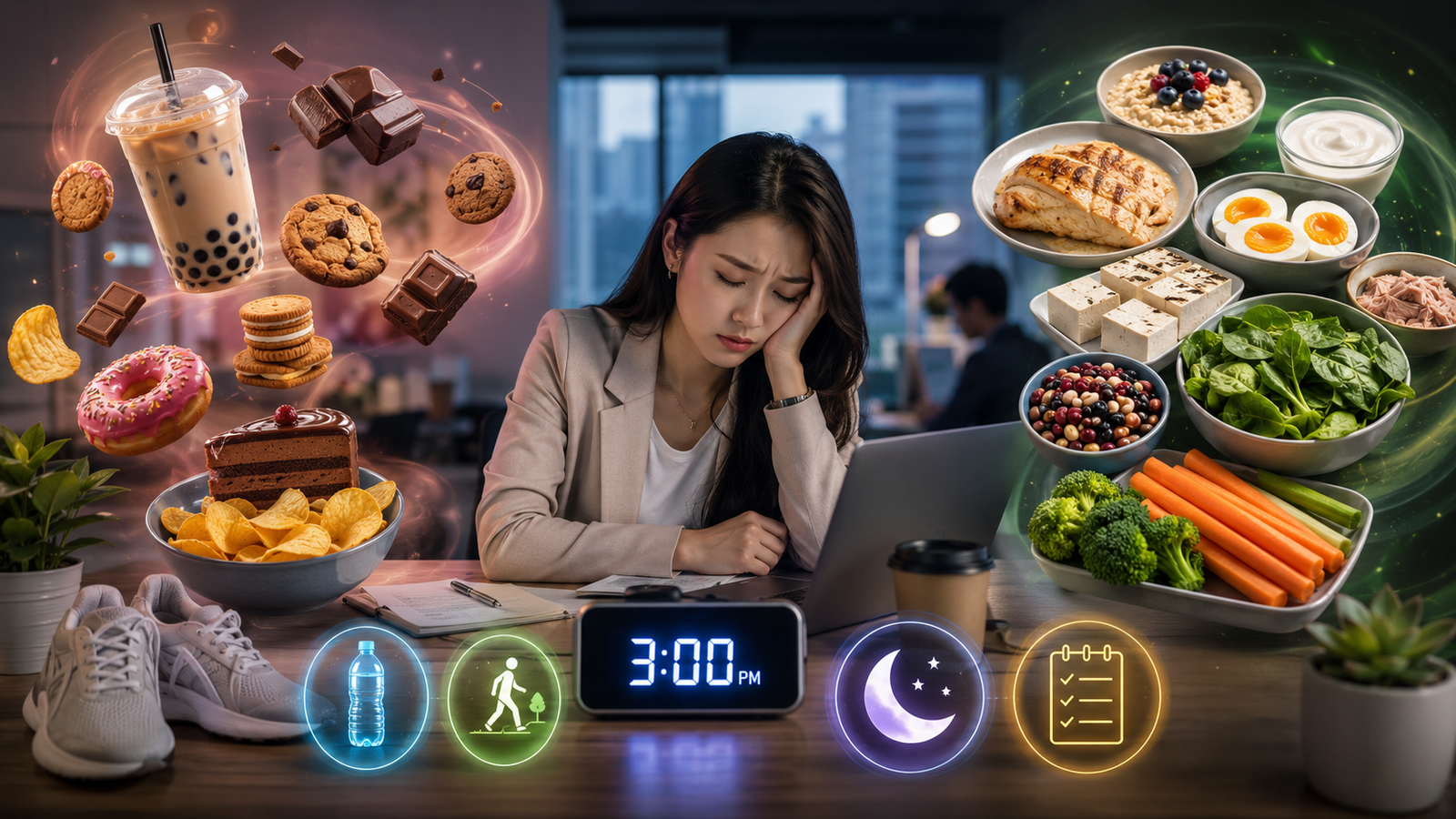 A tired working woman sits at a desk between tempting snack foods and protein-and-fibre meal options, with a 3:00 PM clock and habit icons in the foreground.