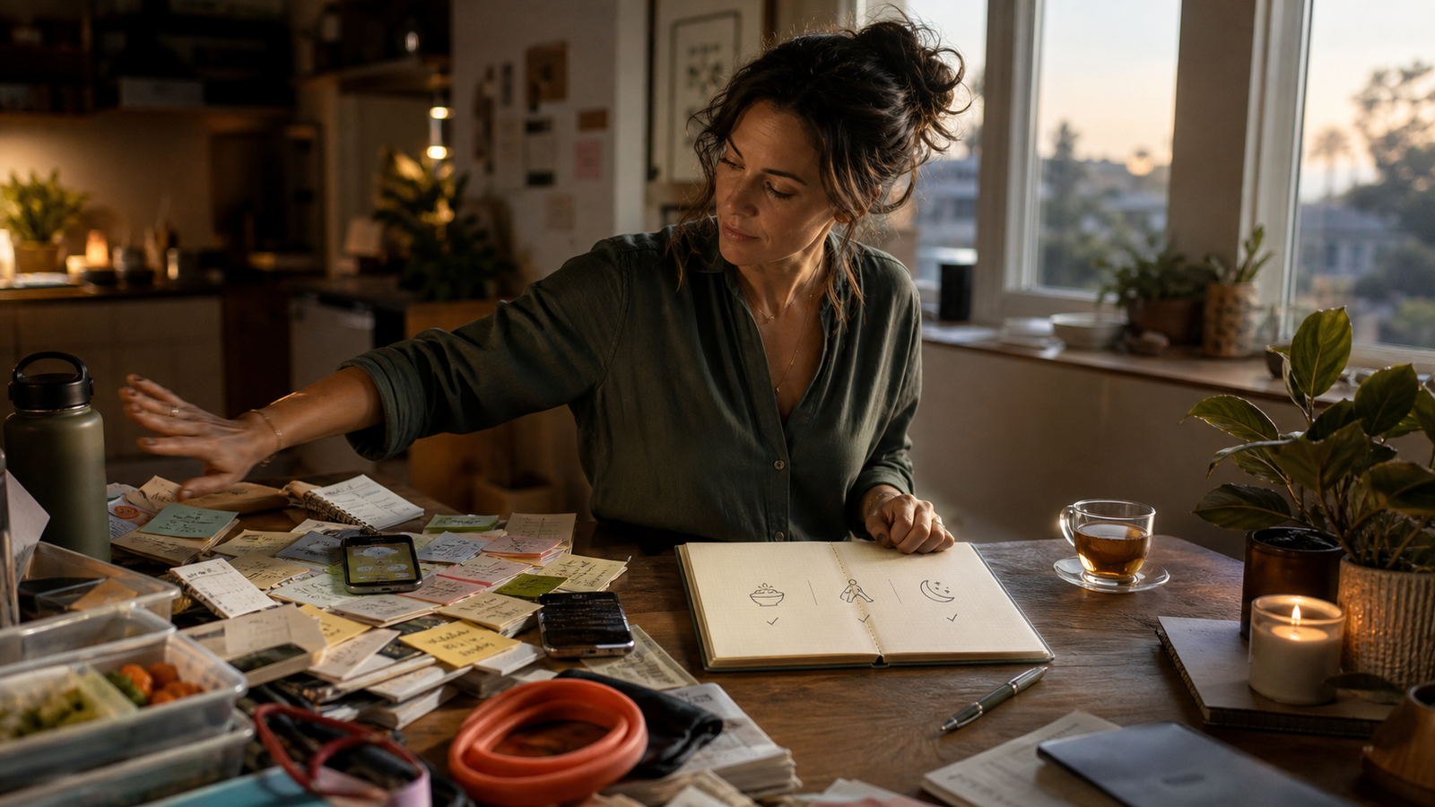 A woman pushes aside a cluttered pile of wellness notes and reminders while keeping one simple notebook plan open on a warm evening table.
