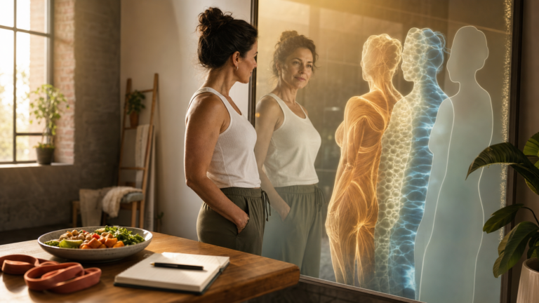 A woman looks at abstract body-composition layers in a mirror beside a meal bowl, notebook, and resistance band.