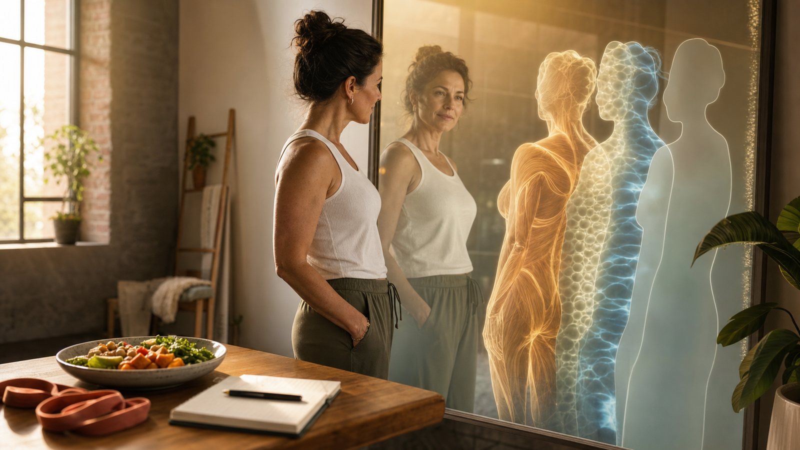 A woman looks at abstract body-composition layers in a mirror beside a meal bowl, notebook, and resistance band.
