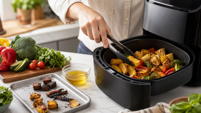 Hands use tongs to choose golden air-fried vegetables and tofu from an air fryer beside fresh ingredients and a few overcooked pieces.