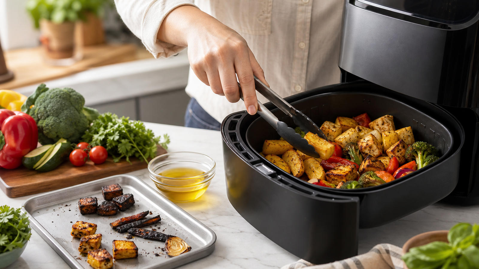 Hands use tongs to choose golden air-fried vegetables and tofu from an air fryer beside fresh ingredients and a few overcooked pieces.