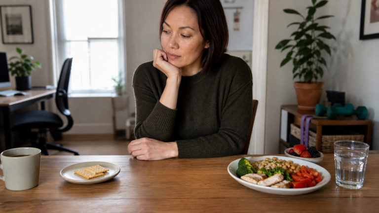 A woman comparing a small snack plate with a balanced meal at a home table.