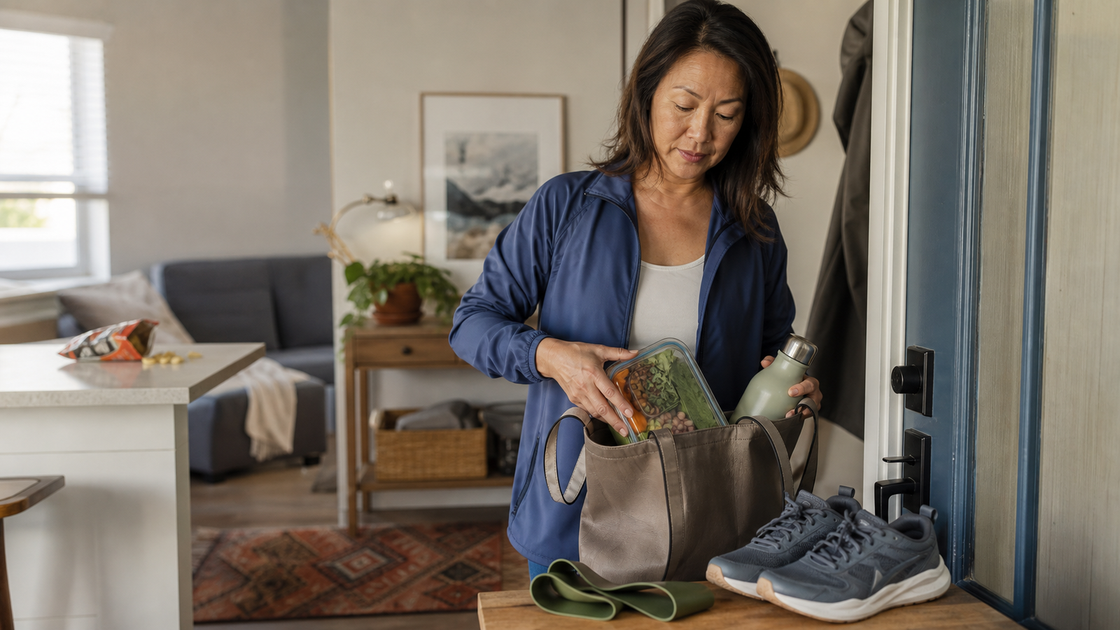 A midlife woman packs a balanced lunch and water into a work tote beside walking shoes and a resistance band before leaving home.
