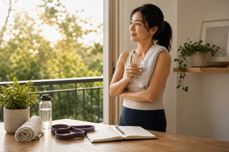 Woman standing near a balcony with notebook and wellness items after a quiet routine.