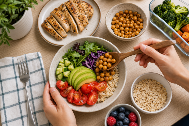 Balanced plate with protein, chickpeas, vegetables, avocado, oats, and berries.