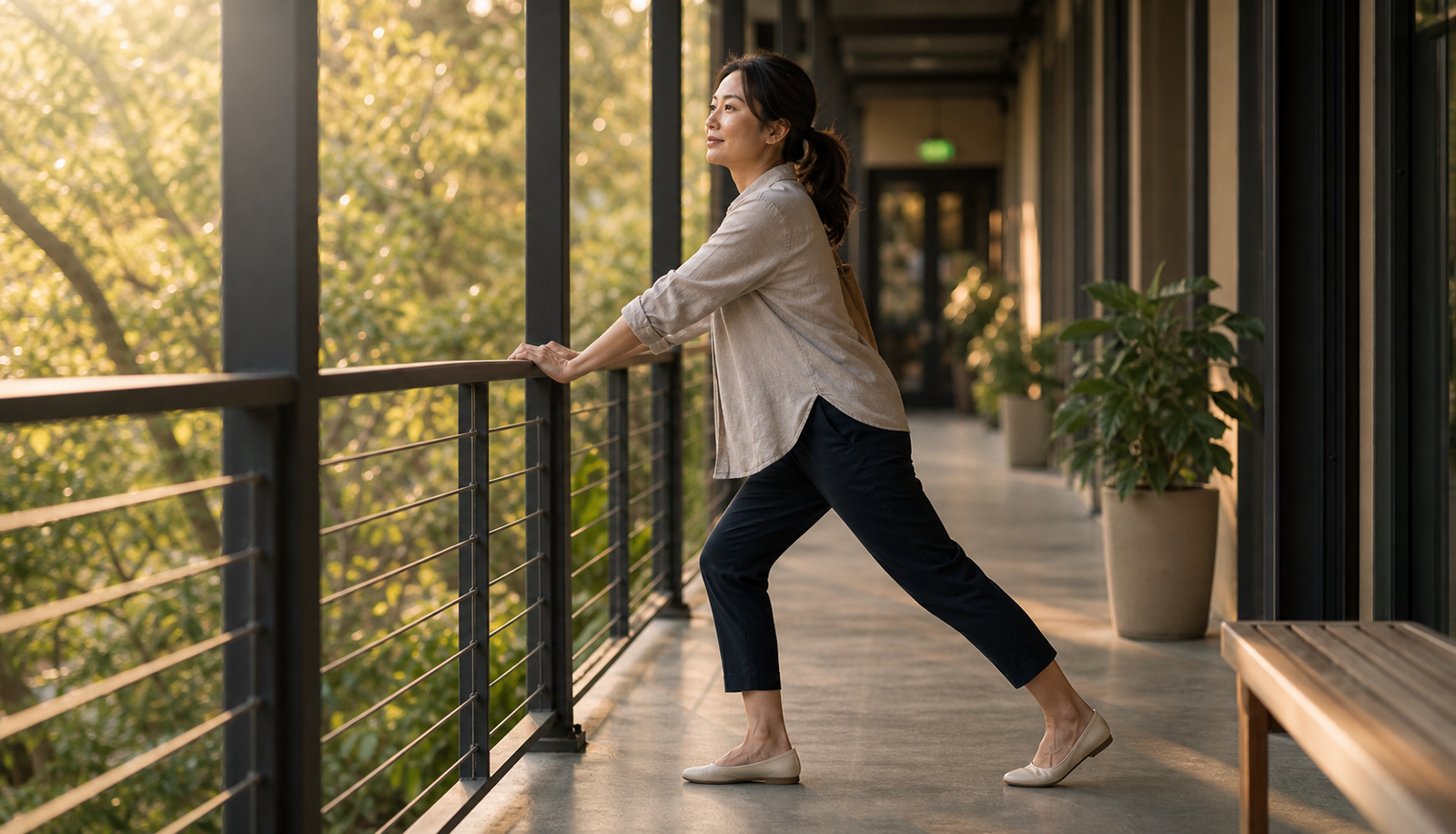 Working adult taking a gentle movement break near a bright corridor railing.