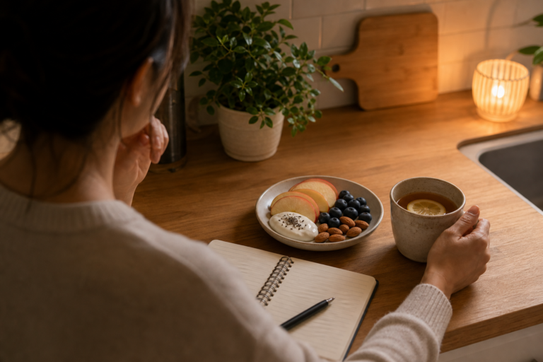Evening kitchen scene with tea, fruit, and a simple snack plate.