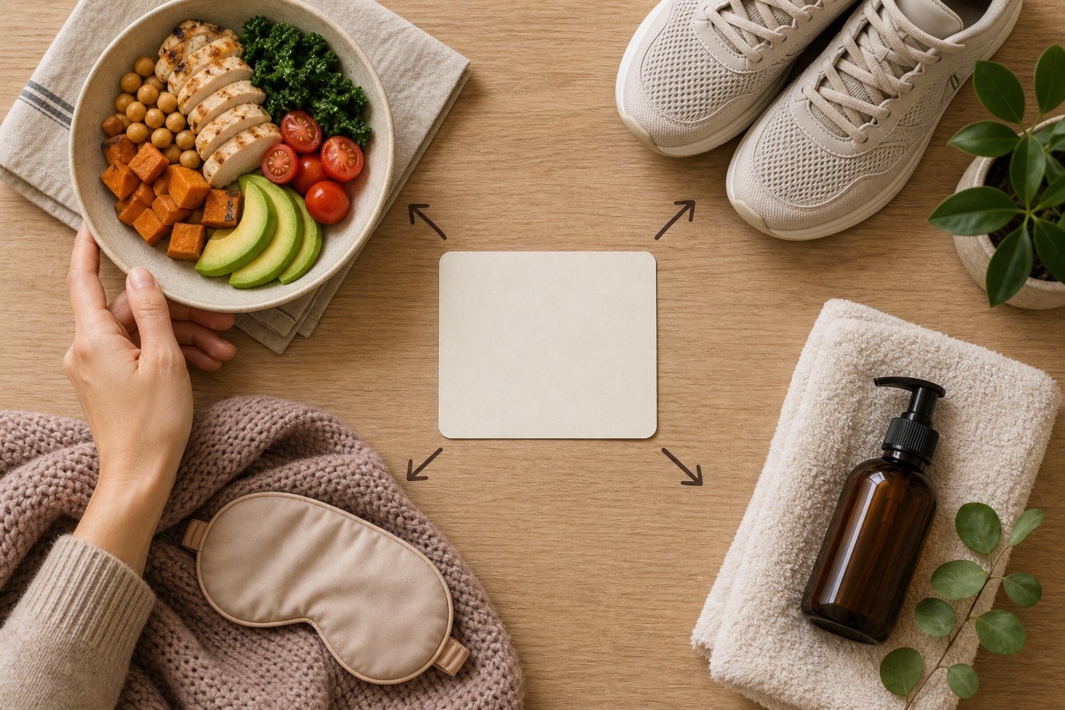 Wellness choice scene with food, movement, sleep, and body-care items on a table.
