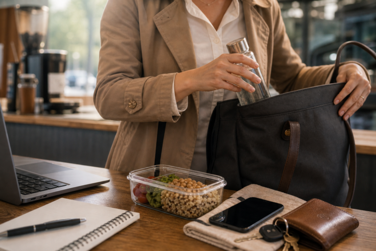 Busy workday setup with laptop, bag, water, and a packed meal.