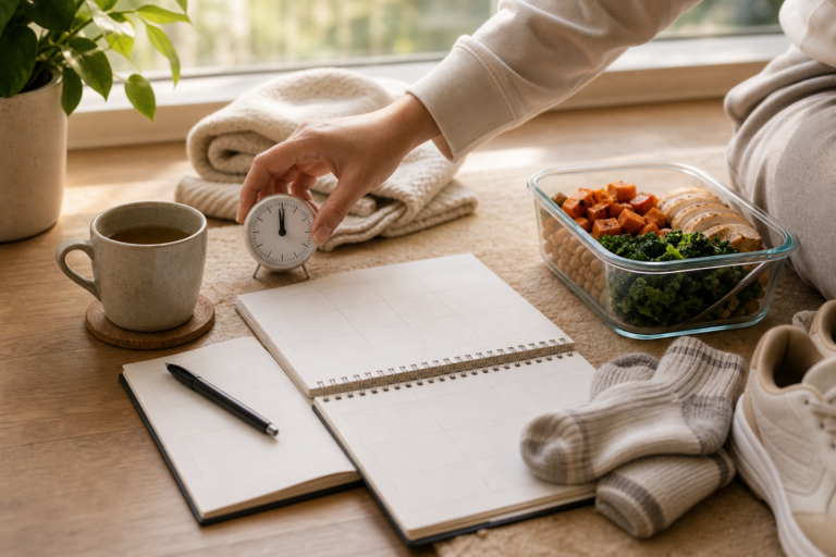 Calm weekly reset setup with timer, notebook, tea, and prepared food.