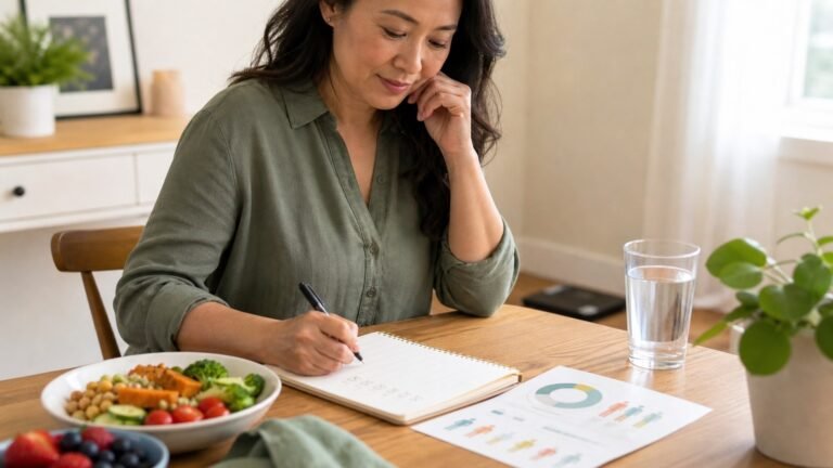 Woman reviewing wellness progress notes beside a balanced meal, showing body changes beyond scale weight.