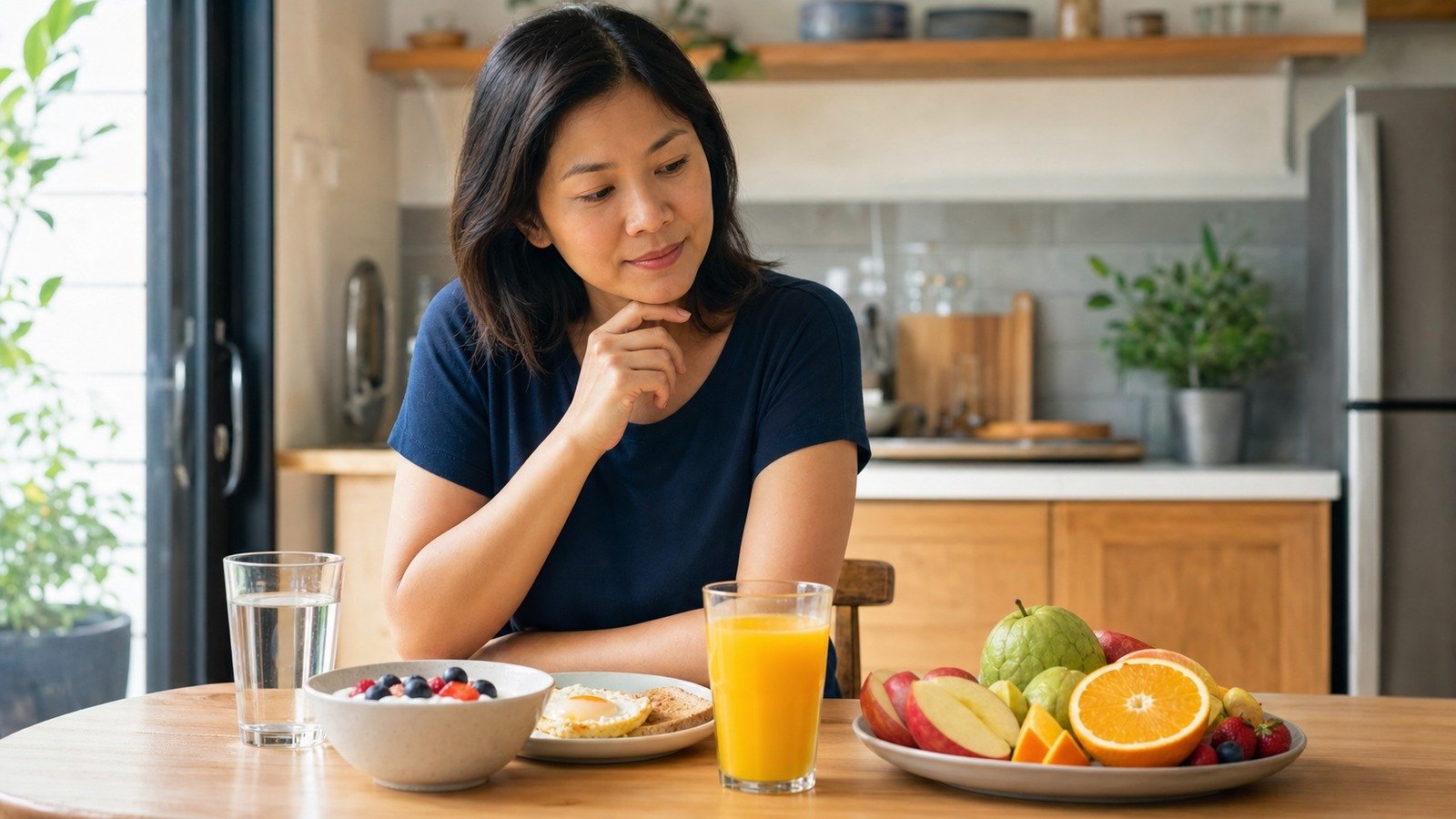 Woman choosing between orange juice and whole fruit at a kitchen table.
