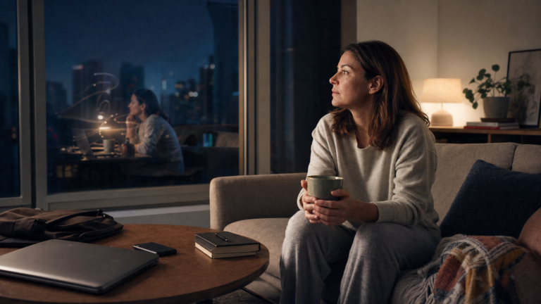 A woman rests on a sofa with a warm drink while her window reflection appears seated at a work desk.