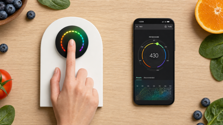 A finger rests on a PRYSM iO scanner beside a phone displaying a PRYSM Score of 430, with both devices lying flat on a wooden table.