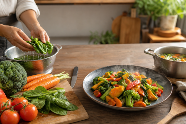Fresh vegetables are washed beside a colourful cooked vegetable dish and a pot of soup on a wooden kitchen table.