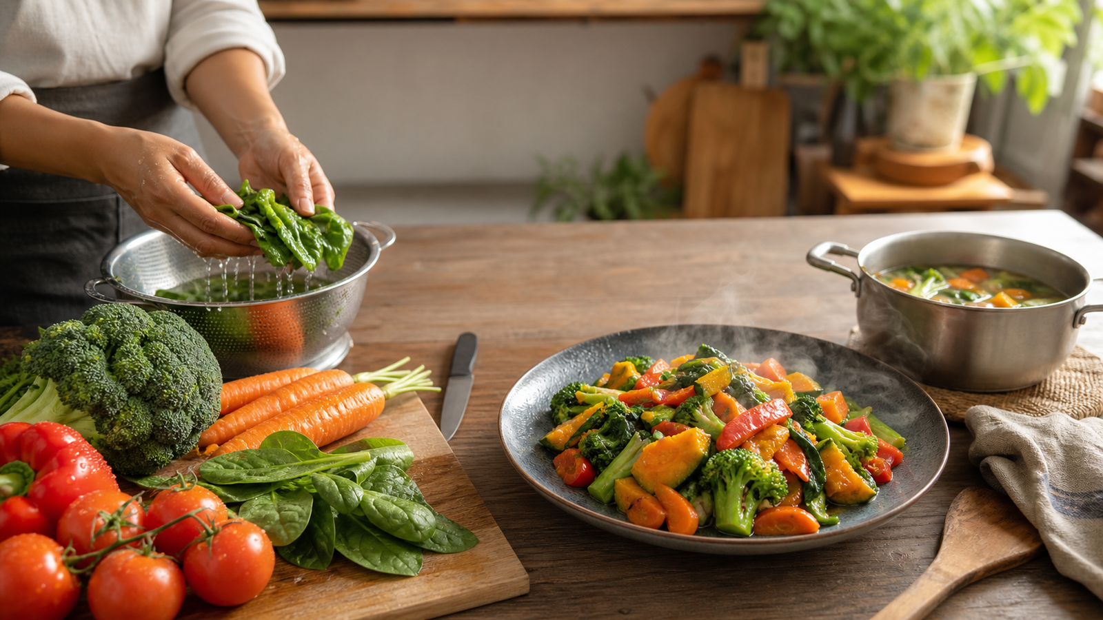 Fresh vegetables are washed beside a colourful cooked vegetable dish and a pot of soup on a wooden kitchen table.