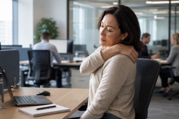 A woman pauses at her desk in a modern corporate office and gently rests one hand on her shoulder.