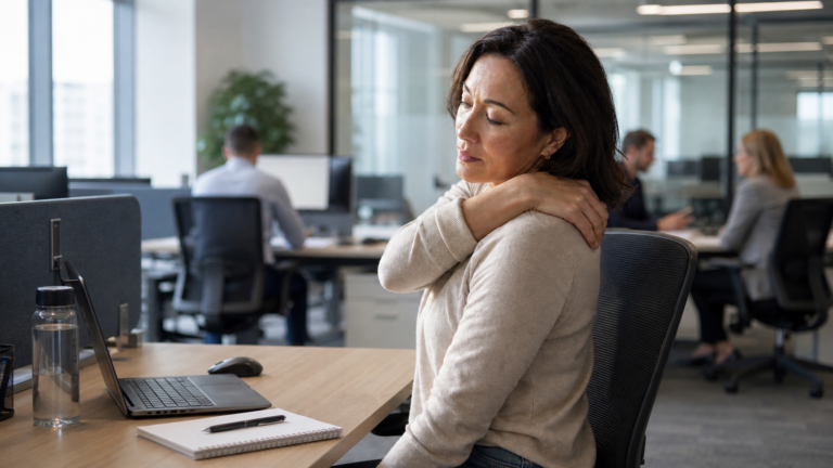 A woman pauses at her desk in a modern corporate office and gently rests one hand on her shoulder.