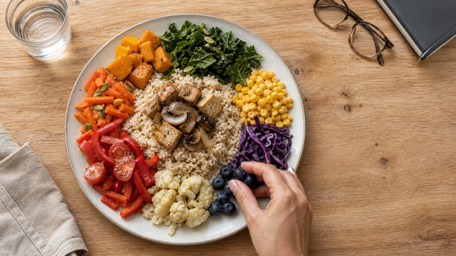 A hand adds blueberries to a meal containing brown rice, tofu, mushrooms and vegetables in several natural colours.