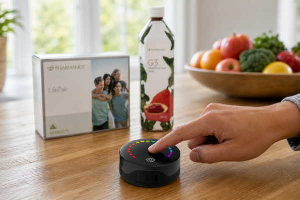 A fingertip uses a PRYSM iO scanner in the foreground while a LifePak box and g3 juice bottle sit softly focused in the background.