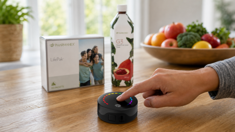 A fingertip uses a PRYSM iO scanner in the foreground while a LifePak box and g3 juice bottle sit softly focused in the background.