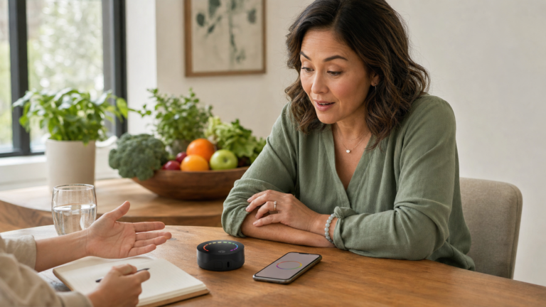 A woman looks thoughtfully at a phone during a calm conversation, with a PRYSM iO scanner on the table.
