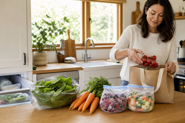 A woman unpacks leafy greens, cherry tomatoes, carrots, frozen berries and frozen vegetables in a bright kitchen.