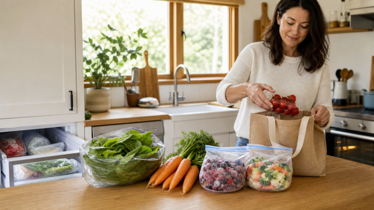 A woman unpacks leafy greens, cherry tomatoes, carrots, frozen berries and frozen vegetables in a bright kitchen.