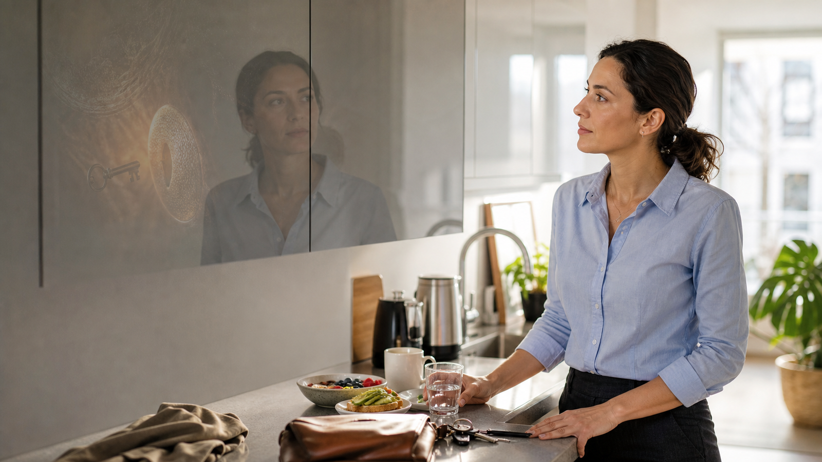 A thoughtful woman stands in a bright kitchen while a subtle key-and-cell reflection appears on a glass cabinet.
