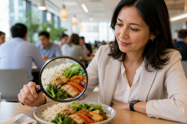 A working woman examines a rice, vegetable and protein lunch through a magnifying glass in an office cafeteria.