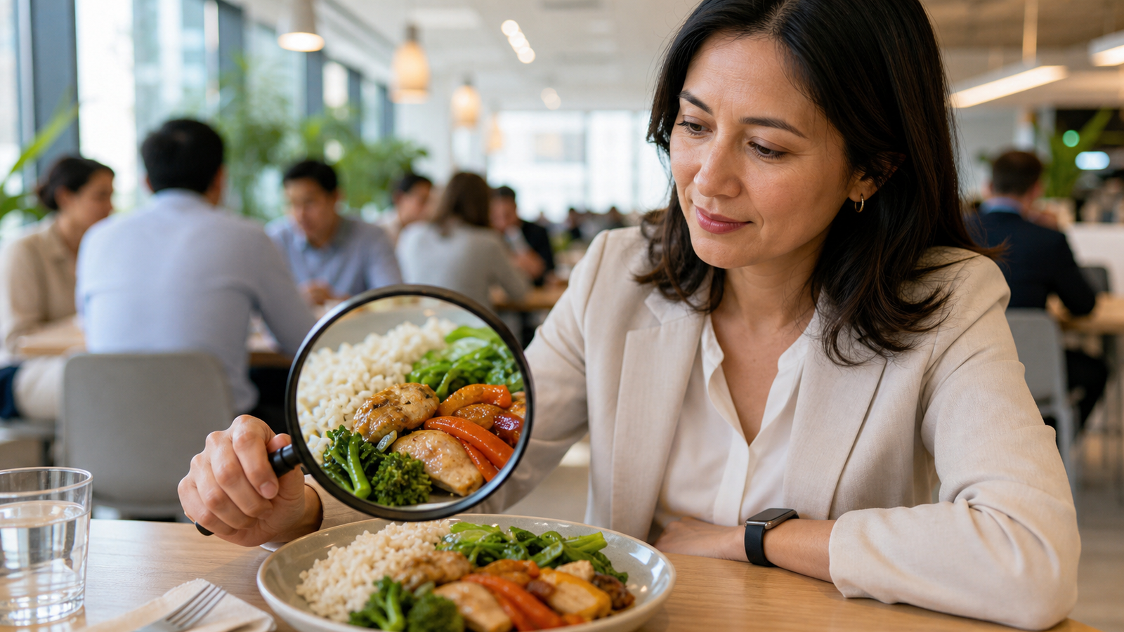 A working woman examines a rice, vegetable and protein lunch through a magnifying glass in an office cafeteria.