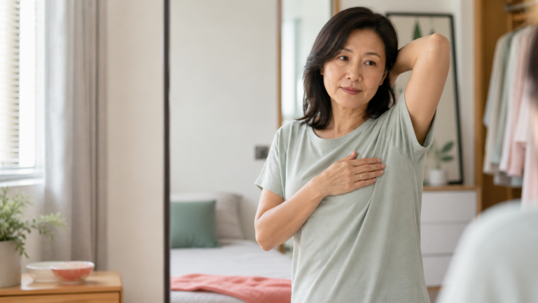 A fully clothed middle-aged woman calmly checks her underarm and upper-chest area in front of a bedroom mirror.