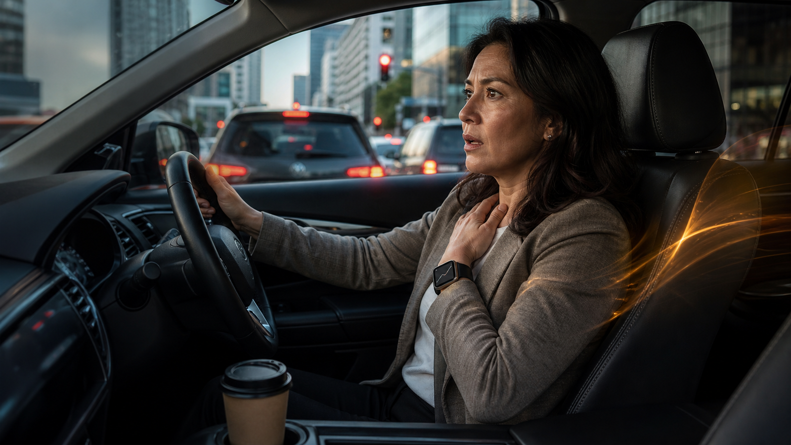 A tense woman pauses in morning traffic with an untouched coffee and a subtle rising line on her smartwatch.