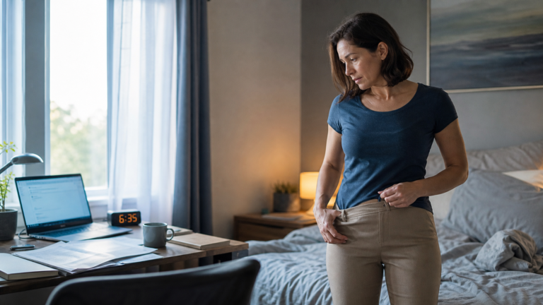 A thoughtful woman checks the fit of her trousers beside an unmade bed and early-morning workspace.