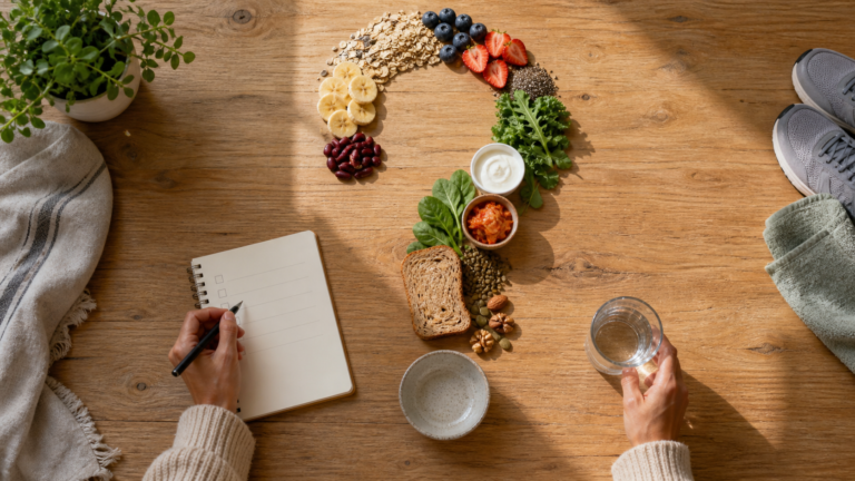 Varied plant foods, yoghurt and fermented vegetables arranged as a question mark beside a notebook and glass of water.