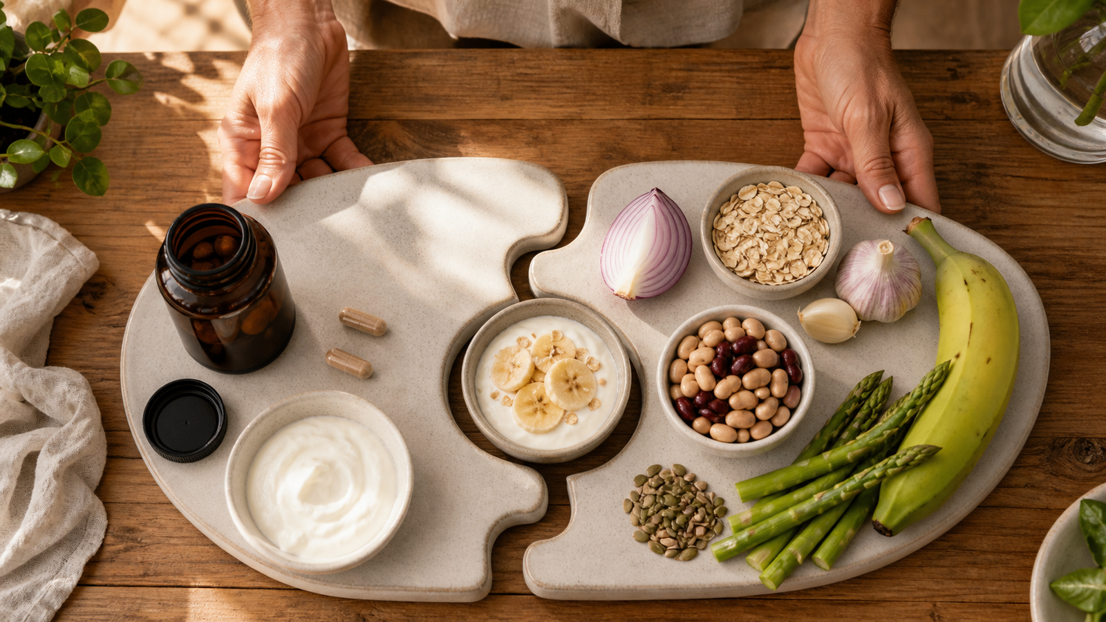 Two ceramic puzzle pieces bring together probiotic supplements and yoghurt with oats, beans, banana, onion, garlic and asparagus.