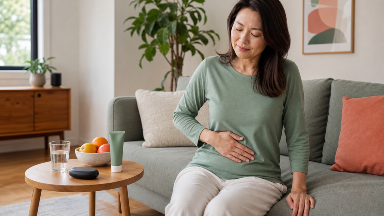 A woman seated comfortably at home gently massages her tummy beside a glass of water, fruit and a compact body-massage device.