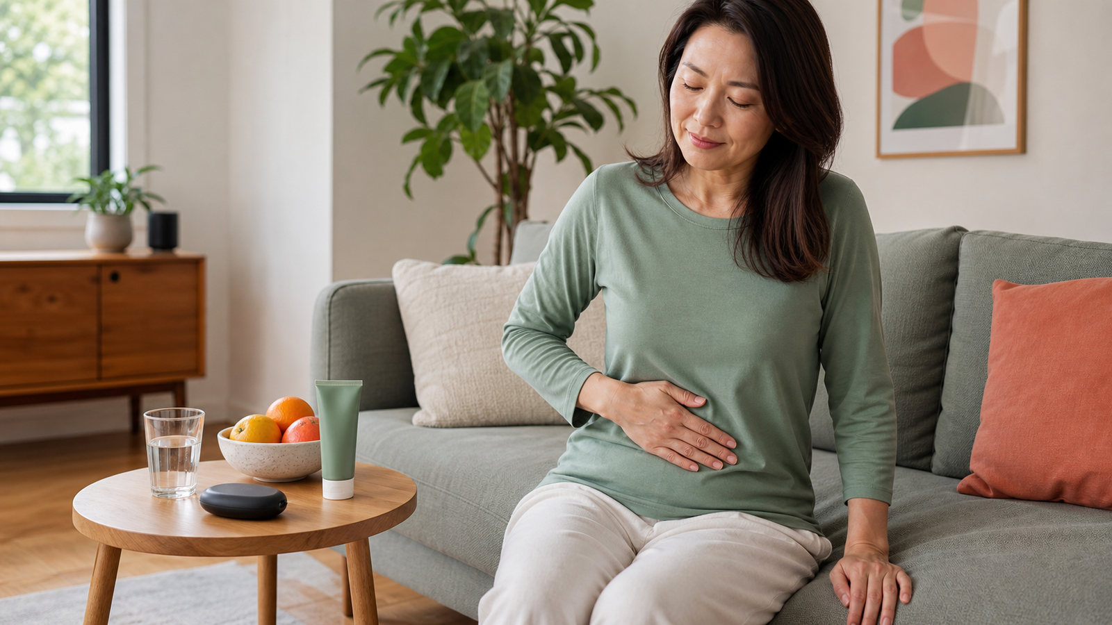 A woman seated comfortably at home gently massages her tummy beside a glass of water, fruit and a compact body-massage device.