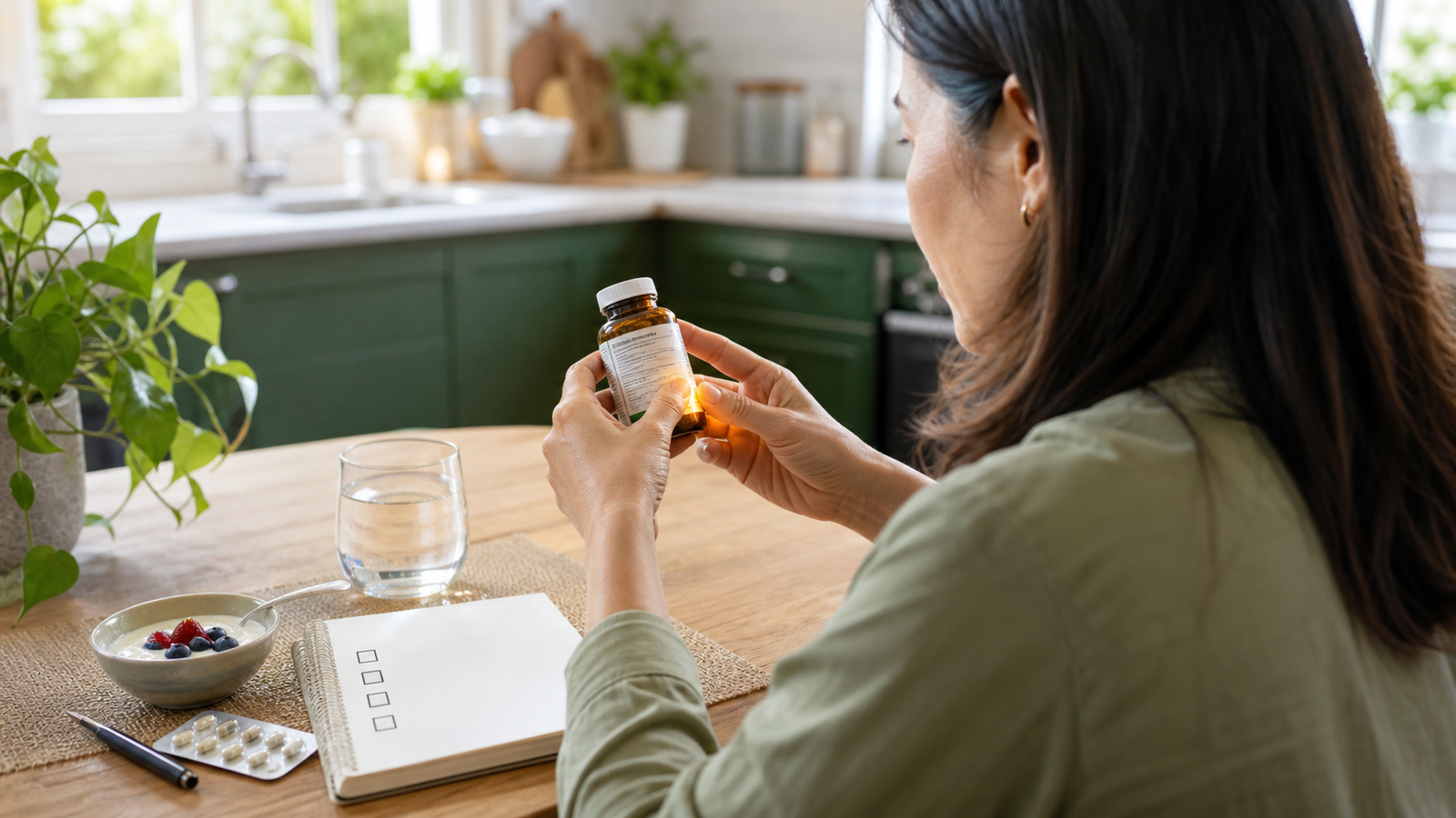 A woman at a kitchen table reads an unbranded probiotic bottle beside a notebook with four checkboxes, water and yoghurt.