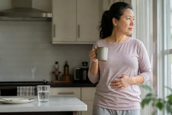 A woman stands thoughtfully by a kitchen window after breakfast, holding a mug with one hand resting gently on her abdomen.