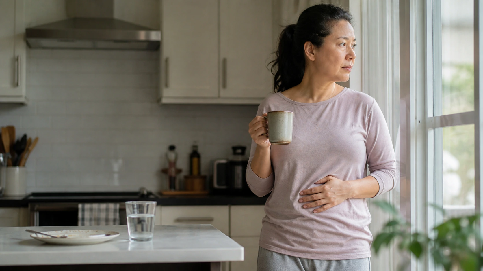 A woman stands thoughtfully by a kitchen window after breakfast, holding a mug with one hand resting gently on her abdomen.