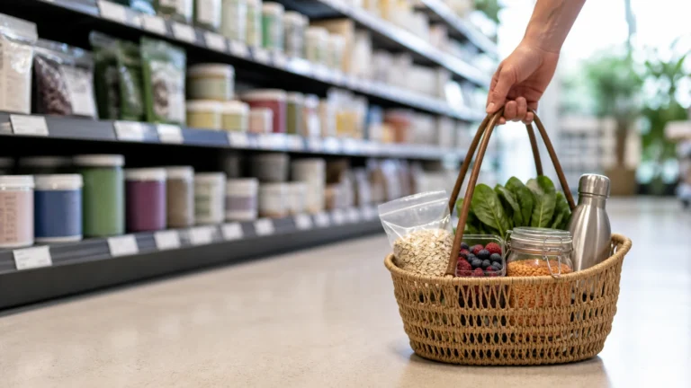 A hand lifts a simple grocery basket containing oats, berries, leafy greens, lentils and water beside a softly blurred wellness aisle.